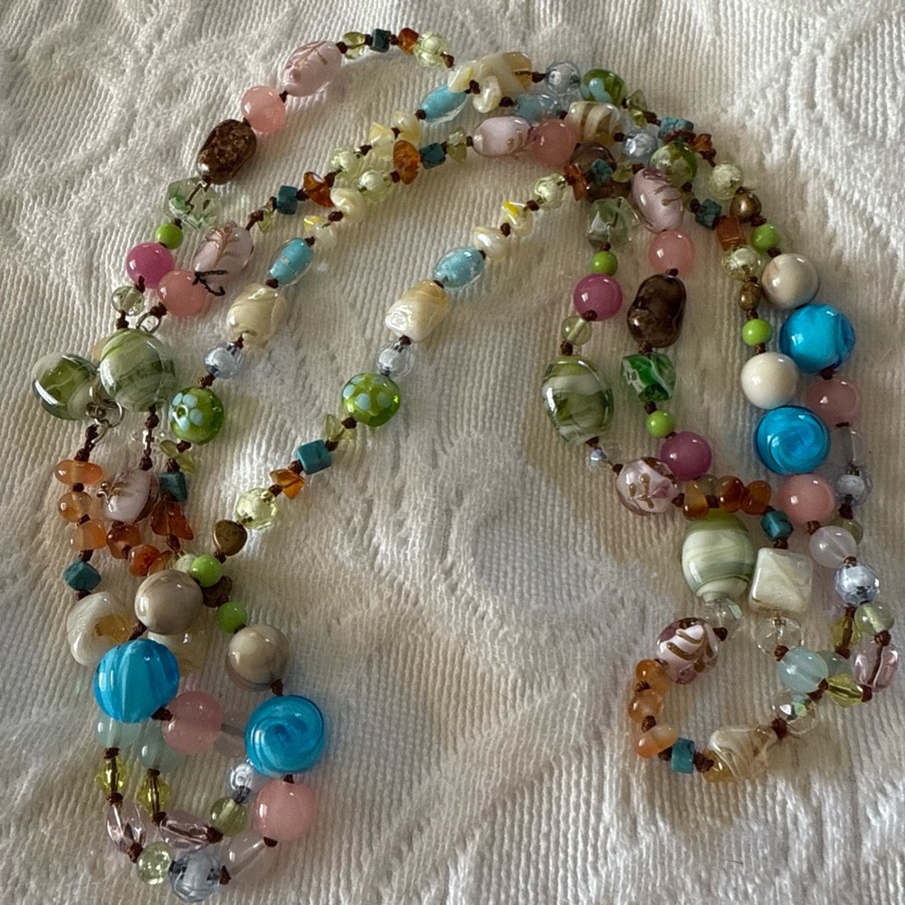 Cookie Lee Artsy Bohemian Multicolored Beaded Knotted Long Necklace Festival